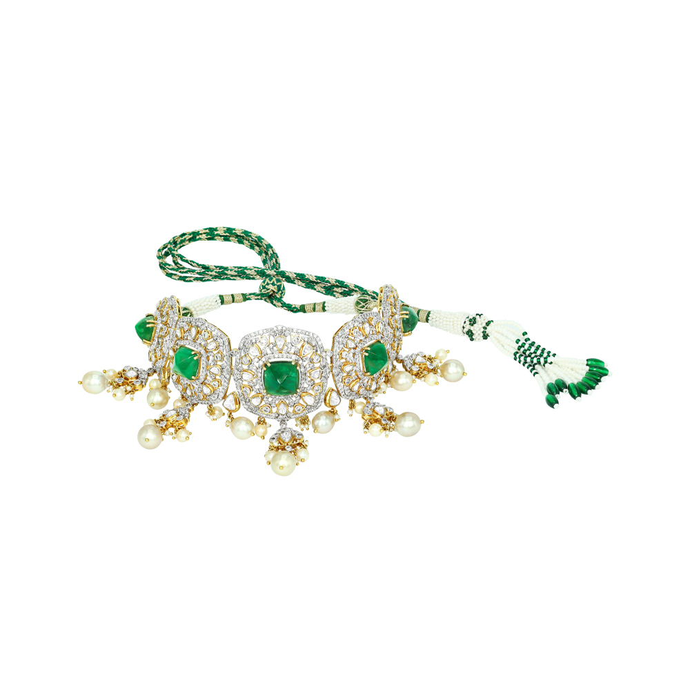 Emerald and Polki Choker with Pearls